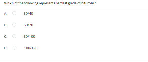 Which of the following represents hardest grade of bitumen?
А.
30/40
60/70
C.
80/100
100/120
B.
D.
