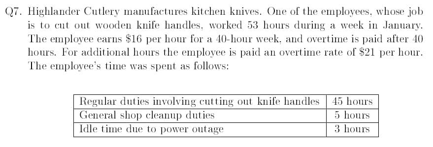 Q7. Highlander Cutlery manufactures kitchen knives. One of the employees, whose job
is to cut out wooden knife handles, worked 53 hours during a week in January.
The employee earns $16 per hour for a 40-hour week, and overtime is paid after 40
hours. For additional hours the employee is paid an overtime rate of $21 per hour.
The employee's time was spent as follows:
Regular duties involving cutting out knife handles
General shop cleanup duties
Idle time due to power outage
45 hours
5 hours
3 hours

