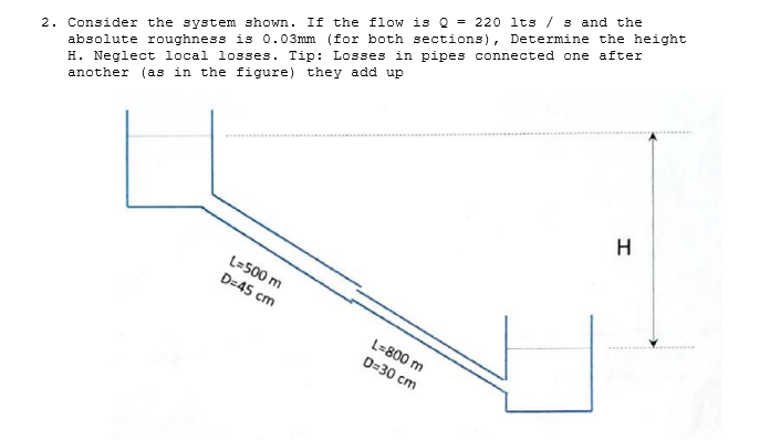 absolute roughness is o.03mm (for both sections), Determine the height
H. Neglect local losses. Tip: Losses in pipes connected one after
another (as in the figure) they add up
2. Consider the system shown. If the flow is Q = 220 lts / s and the
H
L=500 m
D=45 cm
L=800 m
D=30 cm
