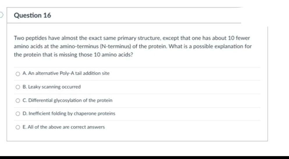 P Question 16
Two peptides have almost the exact same primary structure, except that one has about 10 fewer
amino acids at the amino-terminus (N-terminus) of the protein. What is a possible explanation for
the protein that is missing those 10 amino acids?
O A. An alternative Poly-A tail addition site
O B. Leaky scanning occurred
O .Differential glycosylation of the protein
O D. Inefficient folding by chaperone proteins
O E. All of the above are correct answers
