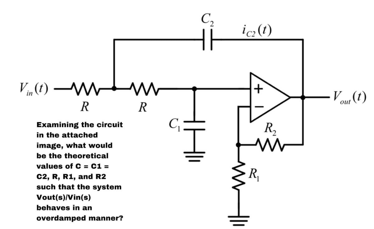 Vin(t)-M
R
Examining the circuit
in the attached
image, what would
be the theoretical
values of C = C1 =
C2, R, R1, and R2
such that the system
Vout(s)/Vin(s)
behaves in an
overdamped manner?
Mw
R
C₁
C₂
ic₂ (t)
+
R₁
R₂
Vout (t)