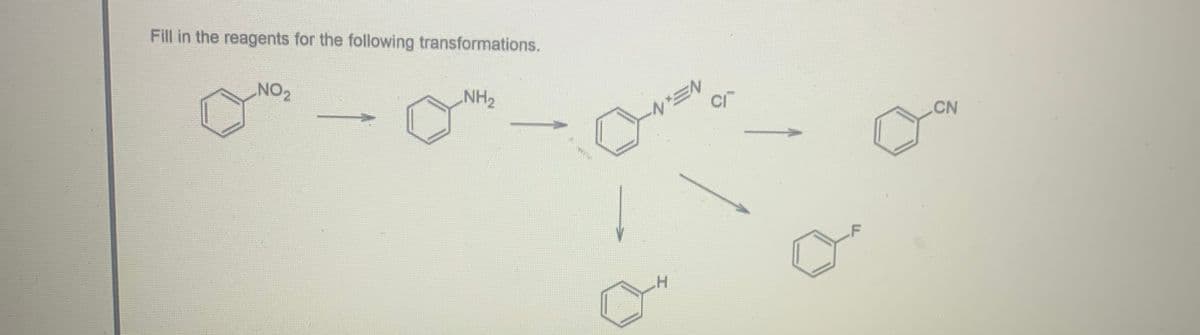 Fill in the reagents for the following transformations.
NO2
NH2
NEN
CI
CN
