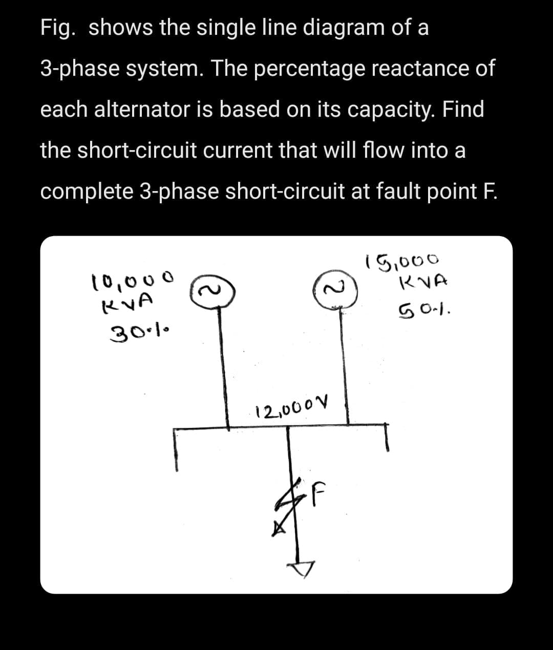 Fig. shows the single line diagram of a
3-phase system. The percentage reactance of
each alternator is based on its capacity. Find
the short-circuit current that will flow into a
complete 3-phase short-circuit at fault point F.
10,000
KVA
30.1.
12,000
15,000
KVA
50.1.