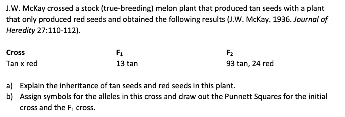 J.W. McKay crossed a stock (true-breeding) melon plant that produced tan seeds with a plant
that only produced red seeds and obtained the following results (J.W. McKay. 1936. Journal of
Heredity 27:110-112).
Cross
F1
F2
Tan x red
13 tan
93 tan, 24 red
a) Explain the inheritance of tan seeds and red seeds in this plant.
b) Assign symbols for the alleles in this cross and draw out the Punnett Squares for the initial
cross and the F1 cross.
