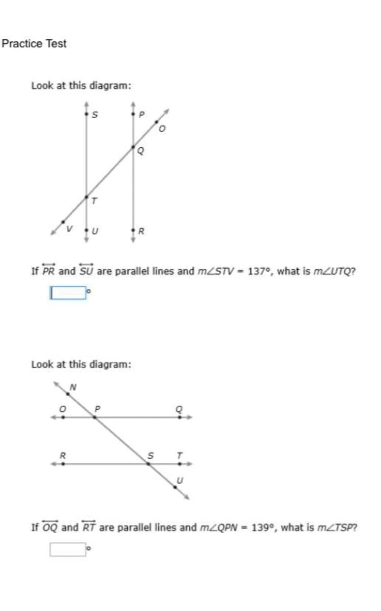 If PR and SU are parallel lines and mLSTV = 137°, what is mUTQ?
