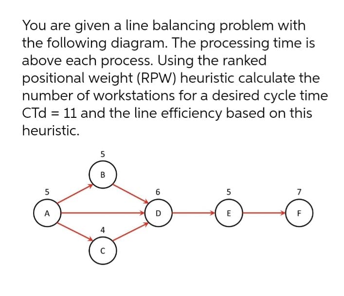 You are given a line balancing problem with
the following diagram. The processing time is
above each process. Using the ranked
positional weight (RPW) heuristic calculate the
number of workstations for a desired cycle time
CTd
= 11 and the line efficiency based on this
heuristic.
B
5
7
A
D
E
F
4
6.
