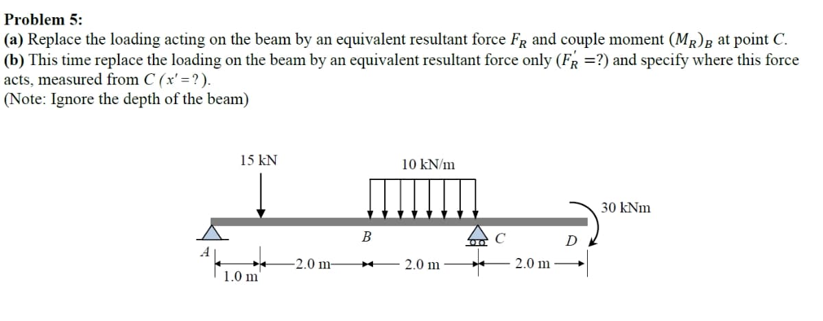 Problem 5:
(a) Replace the loading acting on the beam by an equivalent resultant force FR and couple moment (MR)B at point C.
(b) This time replace the loading on the beam by an equivalent resultant force only (FR =?) and specify where this force
acts, measured from C (x' = ? ).
(Note: Ignore the depth of the beam)
15 kN
10 kN/m
30 kNm
В
C
D
-2.0 m-
2.0 m
2.0 m
1.0 m'
