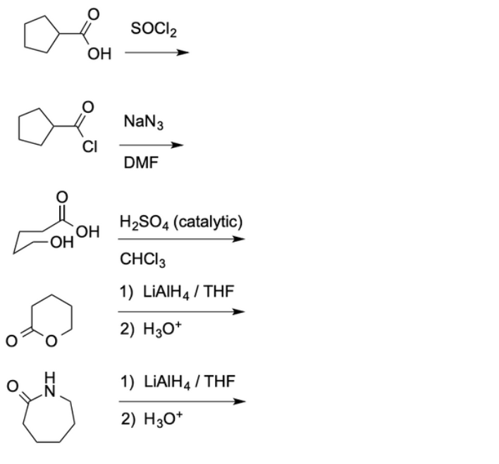 OH
IZ
CI
OH
OH
SOCI₂
NaN 3
DMF
H₂SO4 (catalytic)
CHCI 3
1) LIAIH4/THF
2) H3O+
1) LiAlH4/THF
2) H3O+