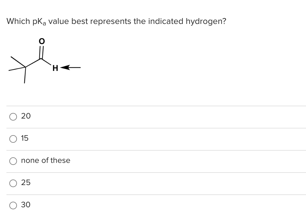 Which pka value best represents the indicated hydrogen?
the
H
O
20
15
none of these
25
30