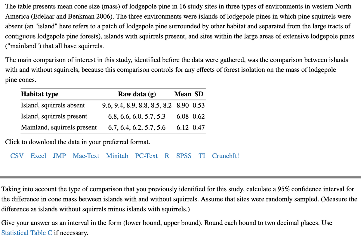 The table presents mean cone size (mass) of lodgepole pine in 16 study sites in three types of environments in western North
America (Edelaar and Benkman 2006). The three environments were islands of lodgepole pines in which pine squirrels were
absent (an "island" here refers to a patch of lodgepole pine surrounded by other habitat and separated from the large tracts of
contiguous lodgepole pine forests), islands with squirrels present, and sites within the large areas of extensive lodgepole pines
("mainland") that all have squirrels.
The main comparison of interest in this study, identified before the data were gathered, was the comparison between islands
with and without squirrels, because this comparison controls for any effects of forest isolation on the mass of lodgepole
pine cones.
Habitat type
Island, squirrels absent
Island, squirrels present
Mainland, squirrels present
Click to download the data in your preferred format.
CSV Excel JMP Mac-Text Minitab PC-Text R SPSS TI CrunchIt!
Raw data (g)
9.6, 9.4, 8.9, 8.8, 8.5, 8.2
6.8, 6.6, 6.0, 5.7, 5.3
6.7, 6.4, 6.2, 5.7, 5.6
Mean SD
8.90 0.53
6.08 0.62
6.12 0.47
Taking into account the type of comparison that you previously identified for this study, calculate a 95% confidence interval for
the difference in cone mass between islands with and without squirrels. Assume that sites were randomly sampled. (Measure the
difference as islands without squirrels minus islands with squirrels.)
Give
your answer as an interval in the form (lower bound, upper bound). Round each bound to two decimal places. Use
Statistical Table C if necessary.