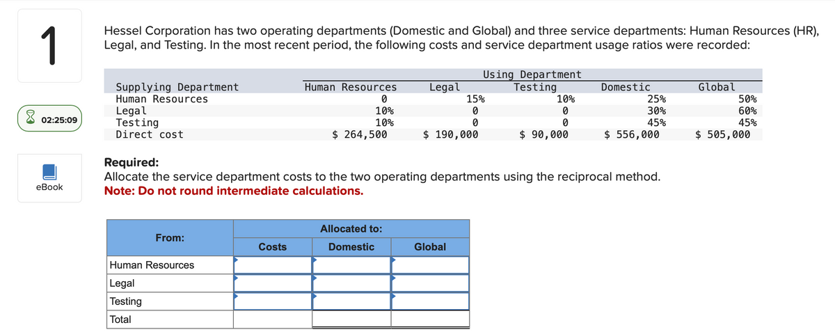 1
Hessel Corporation has two operating departments (Domestic and Global) and three service departments: Human Resources (HR),
Legal, and Testing. In the most recent period, the following costs and service department usage ratios were recorded:
02:25:09
eBook
Supplying Department
Human Resources
Legal
Testing
Direct cost
Required:
Human Resources
Legal
Using Department
Testing
Domestic
Global
0
10%
15%
0
10%
25%
50%
0
30%
60%
10%
0
0
45%
45%
$ 264,500
$ 190,000
$ 90,000
$ 556,000
$ 505,000
Allocate the service department costs to the two operating departments using the reciprocal method.
Note: Do not round intermediate calculations.
Allocated to:
From:
Costs
Domestic
Global
Human Resources
Legal
Testing
Total