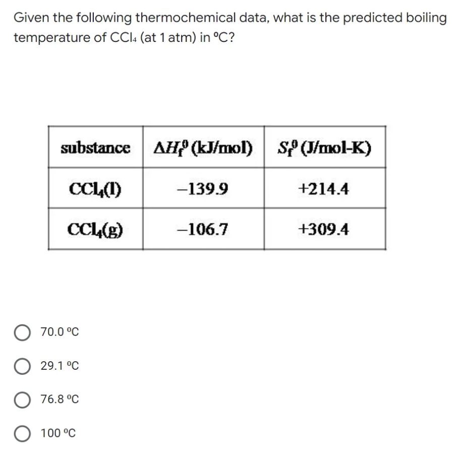 Given the following thermochemical data, what is the predicted boiling
temperature of CCI (at 1 atm) in °C?
substance AH? (kJ/mol) SP (J/mol-K)
CCL(1)
-139.9
+214.4
CCL(g)
-106.7
+309.4
70.0 °C
29.1 °C
O 76.8 °C
100 °C
