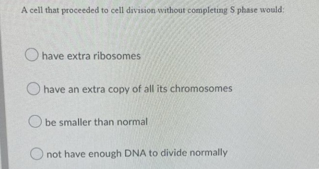 A cell that proceeded to cell division without completing S phase would:
O have extra ribosomes
O have an extra copy of all its chromosomes
be smaller than normal
not have enough DNA to divide normally
