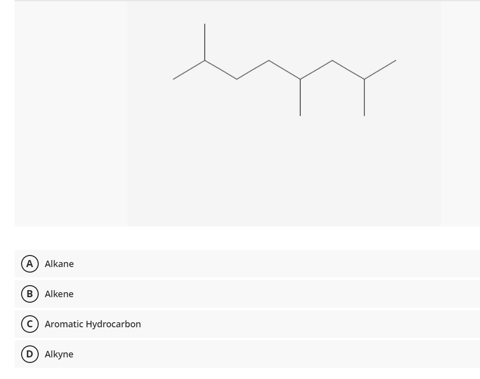 A) Alkane
B Alkene
c) Aromatic Hydrocarbon
(D Alkyne
