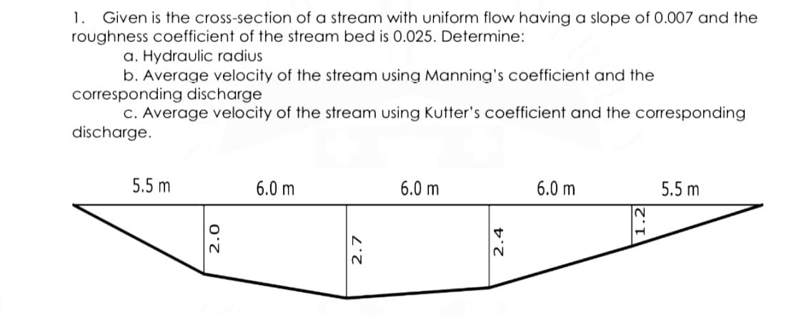Given is the cross-section of a stream with uniform flow having a slope of 0.007 and the
roughness coefficient of the stream bed is 0.025. Determine:
1.
a. Hydraulic radius
b. Average velocity of the stream using Manning's coefficient and the
corresponding discharge
c. Average velocity of the stream using Kutter's coefficient and the corresponding
discharge.
5.5 m
6.0 m
6.0 m
6.0 m
5.5 m
2.0
2.7
2.4
1.2
