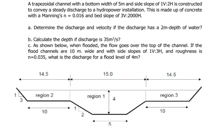 A trapezoidal channel with a bottom width of 5m and side slope of 1V:2H is constructed
to convey a steady discharge to a hydropower installation. This is made up of concrete
with a Manning's n = 0.016 and bed slope of 3V:2000H.
a. Determine the discharge and velocity if the discharge has a 2m-depth of water?
b. Calculate the depth if discharge is 35m³/s?
c. As shown below, when flooded, the flow goes over the top of the channel. If the
flood channels are 10 m. wide and with side slopes of 1V:3H, and roughness is
n=0.035, what is the discharge for a flood level of 4m?
14.5
15.0
14.5
region 2
region 1
region 3
4
10
10
5
2.
