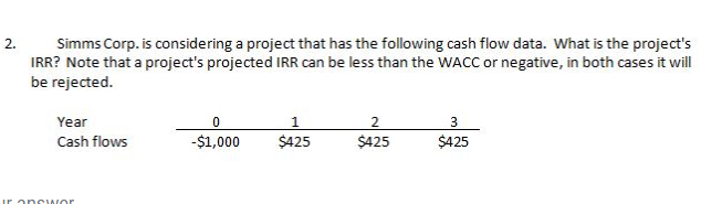 2.
Simms Corp. is considering a project that has the following cash flow data. What is the project's
IRR? Note that a project's projected IRR can be less than the WACC or negative, in both cases it will
be rejected.
Year
0
1
2
3
Cash flows
-$1,000
$425
$425
$425
ir answor