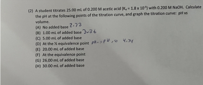 (2) A student titrates 25.00 ml of 0.200 M acetic acid (K, = 1.8 x 10) with 0.200 M NAOH. Calculate
the pH at the following points of the titration curve, and graph the titration curve: pH vs
volume.
2.72
(A) No added base
(B) 1.00 ml of added base 3-3 t
(C) 5.00 ml of added base
(D) At the % equivalence point pk.=p it ,so 4,74
(E) 20.00 ml of added base
(F) At the equivalence point
(G) 26.00 mL of added base
(H) 30.00 mL of added base
