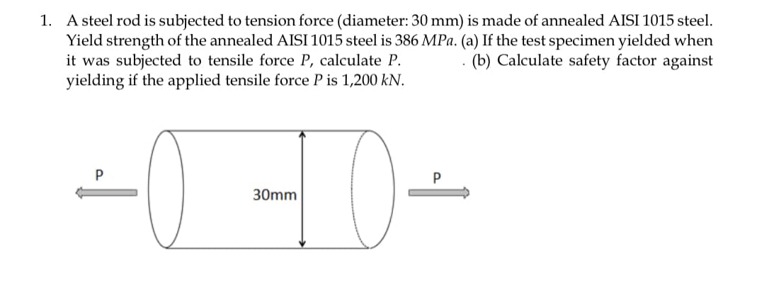 1. A steel rod is subjected to tension force (diameter: 30 mm) is made of annealed AISI 1015 steel.
Yield strength of the annealed AISI 1015 steel is 386 MPa. (a) If the test specimen yielded when
it was subjected to tensile force P, calculate P.
yielding if the applied tensile force P is 1,200 kN.
(b) Calculate safety factor against
30mm
