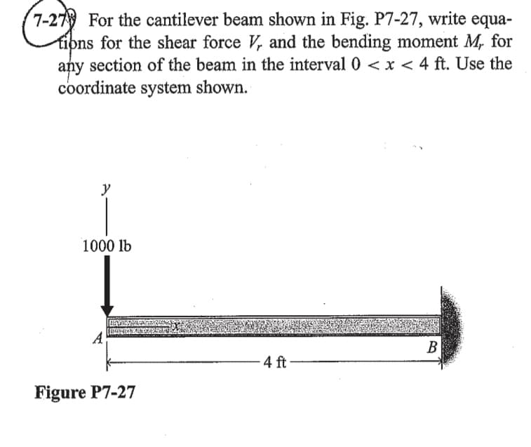 7-27 For the cantilever beam shown in Fig. P7-27, write equa-
tipns for the shear force V, and the bending moment M, for
any section of the beam in the interval 0 < x < 4 ft. Use the
coordinate system shown.
y
1000 lb
A
В
4 ft
Figure P7-27
