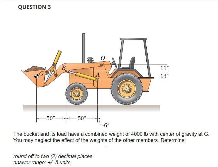QUESTION 3
-50"
B
50"
A
round off to two (2) decimal places
answer range: +/- 5 units
-6"
11"
13"
The bucket and its load have a combined weight of 4000 lb with center of gravity at G.
You may neglect the effect of the weights of the other members. Determine: