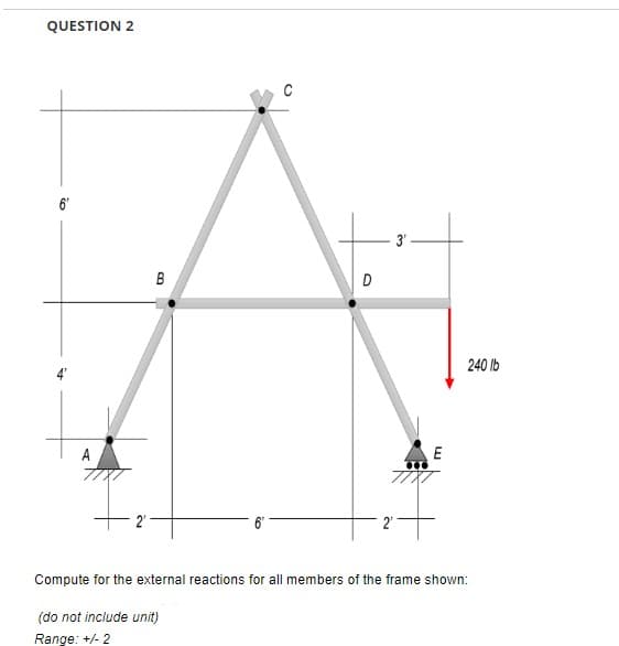 QUESTION 2
6'
B
C
+
3'
E
240 lb
Compute for the external reactions for all members of the frame shown:
(do not include unit)
Range: +/- 2