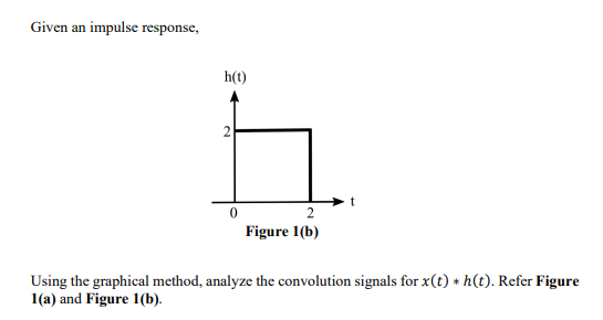 Given an impulse response,
2
Figure 1(b)
*
Using the graphical method, analyze the convolution signals for x(t) h(t). Refer Figure
1(a) and Figure 1(b).
h(t)
2
0