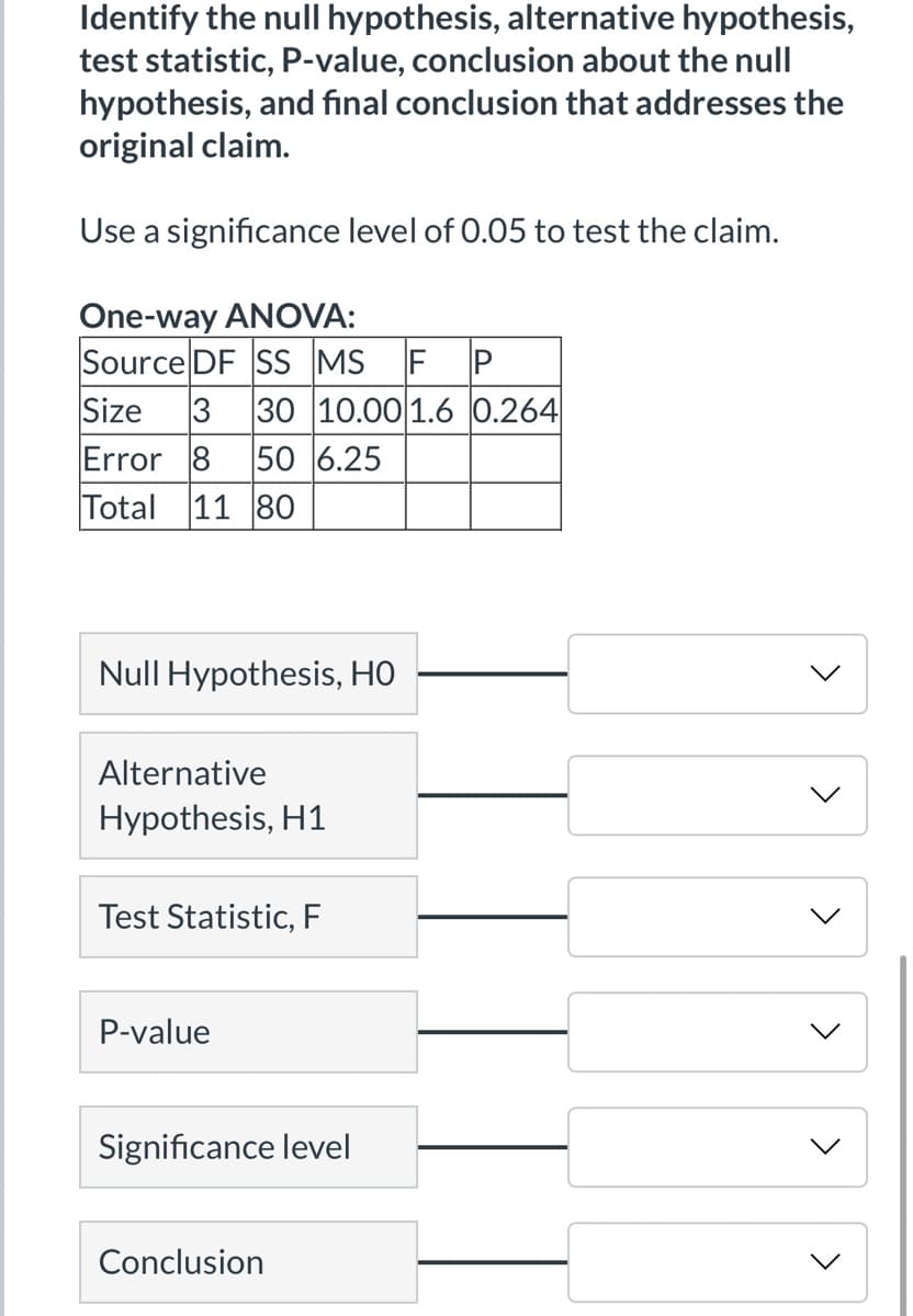 Identify the null hypothesis, alternative hypothesis,
test statistic, P-value, conclusion about the null
hypothesis, and final conclusion that addresses the
original claim.
Use a significance level of 0.05 to test the claim.
One-way ANOVA:
Source DF SS MS IF P
Size 3 30 10.00 1.6 0.264
Error 8 50 6.25
Total 11 80
Null Hypothesis, HO
Alternative
Hypothesis, H1
Test Statistic, F
P-value
Significance level
Conclusion
<
<