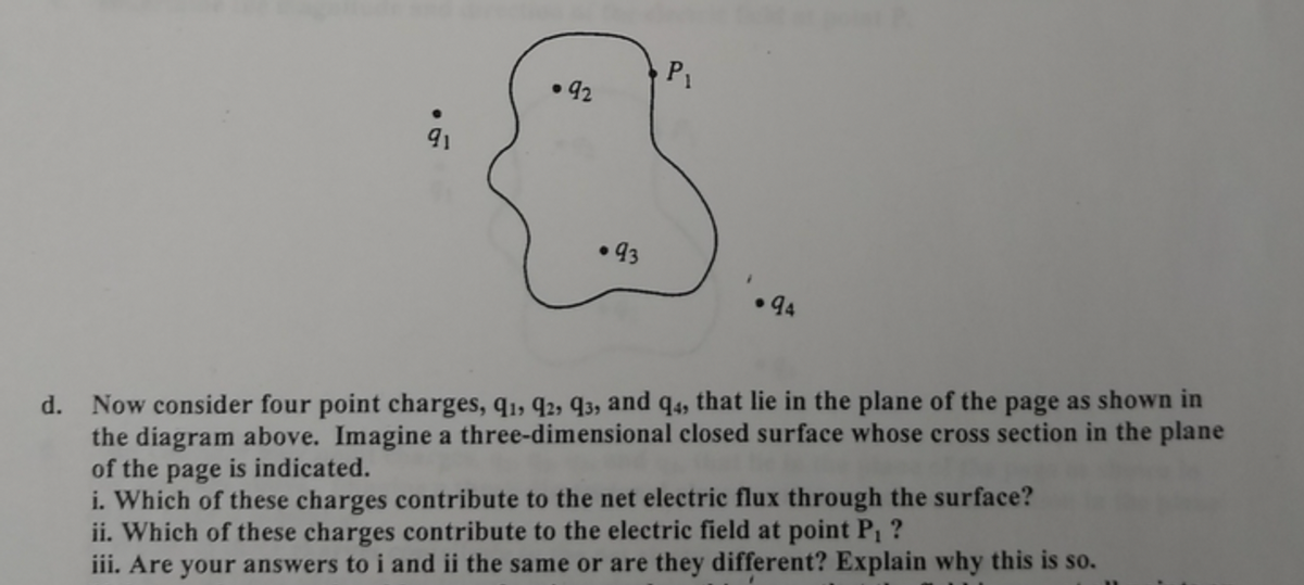 P1
•92
93
• 94
Now consider four point charges, q1, q2, q3, and q4, that lie in the plane of the page as shown in
the diagram above. Imagine a three-dimensional closed surface whose cross section in the plane
of the page is indicated.
i. Which of these charges contribute to the net electric flux through the surface?
ii. Which of these charges contribute to the electric field at point P ?
iii. Are your answers to i and ii the same or are they different? Explain why this is so.

