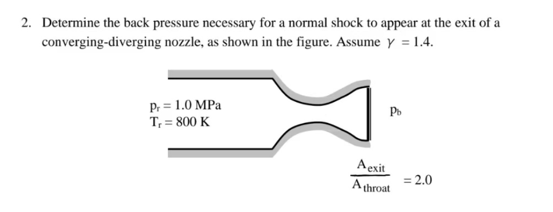 2. Determine the back pressure necessary for a normal shock to appear at the exit of a
converging-diverging nozzle, as shown in the figure. Assume y = 1.4.
Pr = 1.0 MPa
T₁ = 800 K
рь
A exit
A throat
= 2.0