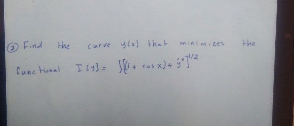 Find
the
curve ylx) that
minimizes
the
Cunc hlonal
I Cy] =
Cos
