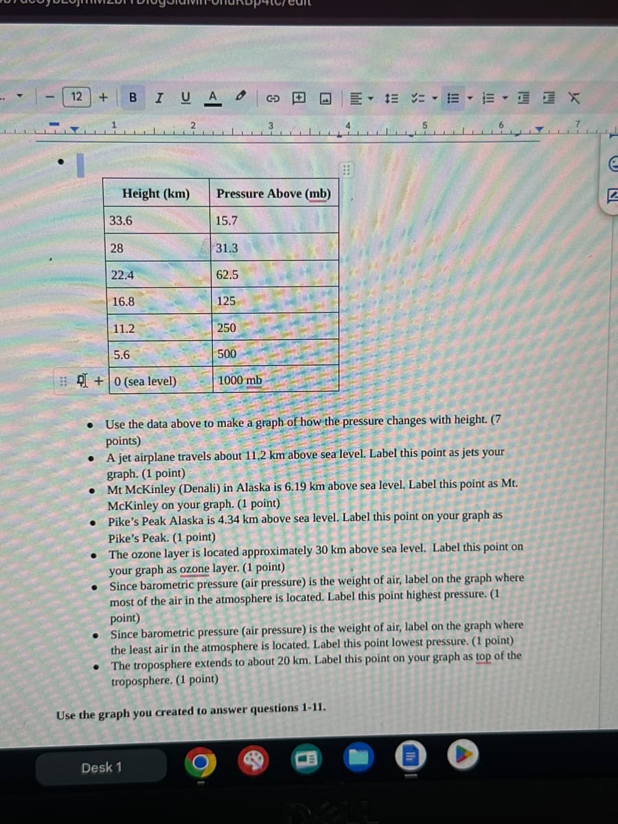 1-
12 + BIUA
G
EX
Height (km) Pressure Above (mb)
33.6
15.7
28
31.3
22.4
62.5
16.8
125
11.2
250
5.6
500
+0 (sea level)
1000 mb
e
12
TON
Use the data above to make a graph of how the pressure changes with height. (7
points)
• A jet airplane travels about 11.2 km above sea level. Label this point as jets your
graph. (1 point)
Mt McKinley (Denali) in Alaska is 6.19 km above sea level. Label this point as Mt.
McKinley on your graph. (1 point)
Pike's Peak Alaska is 4.34 km above sea level. Label this point on your graph as
Pike's Peak. (1 point)
The ozone layer is located approximately 30 km above sea level. Label this point on
your graph as ozone layer. (1 point)
Since barometric pressure (air pressure) is the weight of air, label on the graph where
most of the air in the atmosphere is located. Label this point highest pressure. (1
point)
Since barometric pressure (air pressure) is the weight of air, label on the graph where
the least air in the atmosphere is located. Label this point lowest pressure. (1 point)
The troposphere extends to about 20 km. Label this point on your graph as top of the
troposphere. (1 point)
Use the graph you created to answer questions 1-11.
Desk 1
DELL
