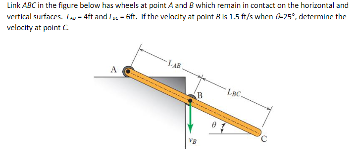 Link ABC in the figure below has wheels at point A and B which remain in contact on the horizontal and
vertical surfaces. LAB = 4ft and Lac = 6ft. If the velocity at point B is 1.5 ft/s when -25°, determine the
velocity at point C.
A
LAB.
B
VB
0
LBC.
C