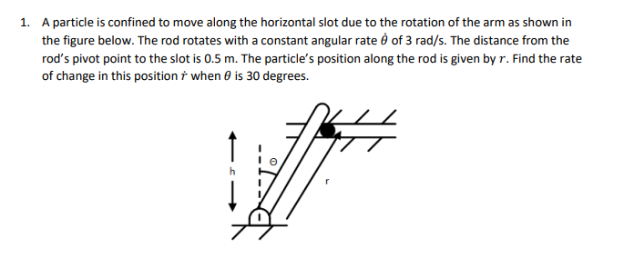 1. A particle is confined to move along the horizontal slot due to the rotation of the arm as shown in
the figure below. The rod rotates with a constant angular rate of 3 rad/s. The distance from the
rod's pivot point to the slot is 0.5 m. The particle's position along the rod is given by r. Find the rate
of change in this position when is 30 degrees.