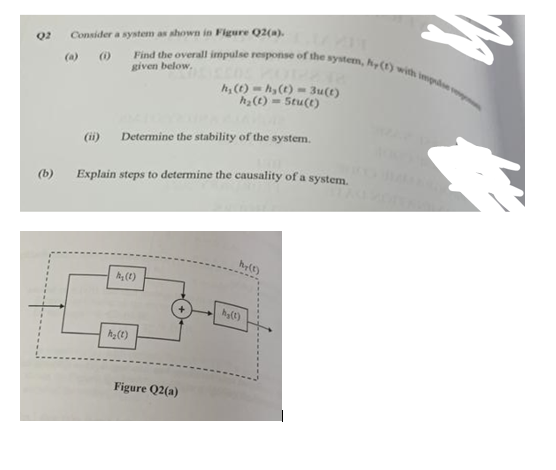 Q2 Consider a system as shown in Figure Q2(a).
(b)
(ii)
Find the overall impulse response of the system, hy(t) with impuls
given below.
Determine the stability of the system.
Explain steps to determine the causality of a system.
h₂ (1)
h₂ (t)
h, (t)-hy(t)=3u(t)
h₂(t)= Stu(t)
Figure Q2(a)
hy(1)
M
h₂(1)