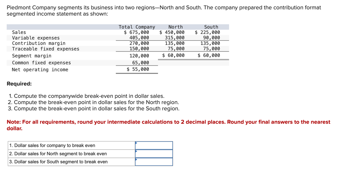 Piedmont Company segments its business into two regions-North and South. The company prepared the contribution format
segmented income statement as shown:
Total Company
$ 675,000
North
$ 450,000
South
$ 225,000
Sales
Variable expenses
Contribution margin
Traceable fixed expenses
Segment margin
Common fixed expenses
405,000
270,000
150,000
315,000
135,000
75,000
90,000
135,000
75,000
120,000
$ 60,000
$ 60,000
65,000
$ 55,000
Net operating income
Required:
1. Compute the companywide break-even point in dollar sales.
2. Compute the break-even point in dollar sales for the North region.
3. Compute the break-even point in dollar sales for the South region.
Note: For all requirements, round your intermediate calculations to 2 decimal places. Round your final answers to the nearest
dollar.
1. Dollar sales for company to break even
2. Dollar sales for North segment to break even
3. Dollar sales for South segment to break even
