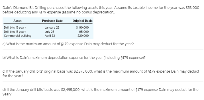 Dain's Diamond Bit Drilling purchased the following assets this year. Assume its taxable income for the year was $53,000
before deducting any $179 expense (assume no bonus depreciation).
Asset
Purchase Date
Original Basis
$ 90,000
January 25
July 25
April 22
Drill bits (5-year)
Drill bits (5-yoar)
Commercial building
95,000
220,000
a) What is the maximum amount of $179 expense Dain may deduct for the year?
b) What is Dain's maximum depreciation expense for the year (including $179 expense)?
c) If the January drill bits' original basis was $2,375,000, what is the maximum amount of $179 expense Dain may deduct
for the year?
d) If the January drill bits' basis was $2,495,000, what is the maximum amount of $179 expense Dain may deduct for the
year?
