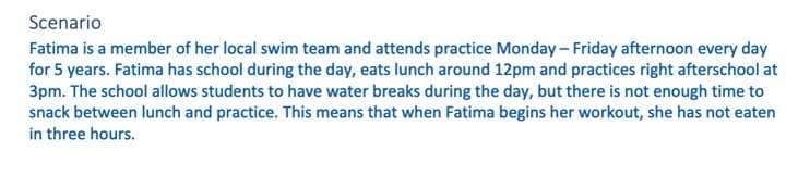 Scenario
Fatima is a member of her local swim team and attends practice Monday - Friday afternoon every day
for 5 years. Fatima has school during the day, eats lunch around 12pm and practices right afterschool at
3pm. The school allows students to have water breaks during the day, but there is not enough time to
snack between lunch and practice. This means that when Fatima begins her workout, she has not eaten
in three hours.