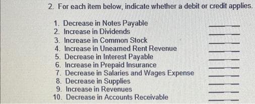 2. For each item below, indicate whether a debit or credit applies.
1. Decrease in Notes Payable
2. Increase in Dividends
3. Increase in Common Stock
4. Increase in Uneamed Rent Revenue
5. Decrease in Interest Payable
6. Increase in Prepaid Insurance
7. Decrease in Salaries and Wages Expense
8. Decrease in Supplies
9. Increase in Revenues
10. Decrease in Accounts Receivable