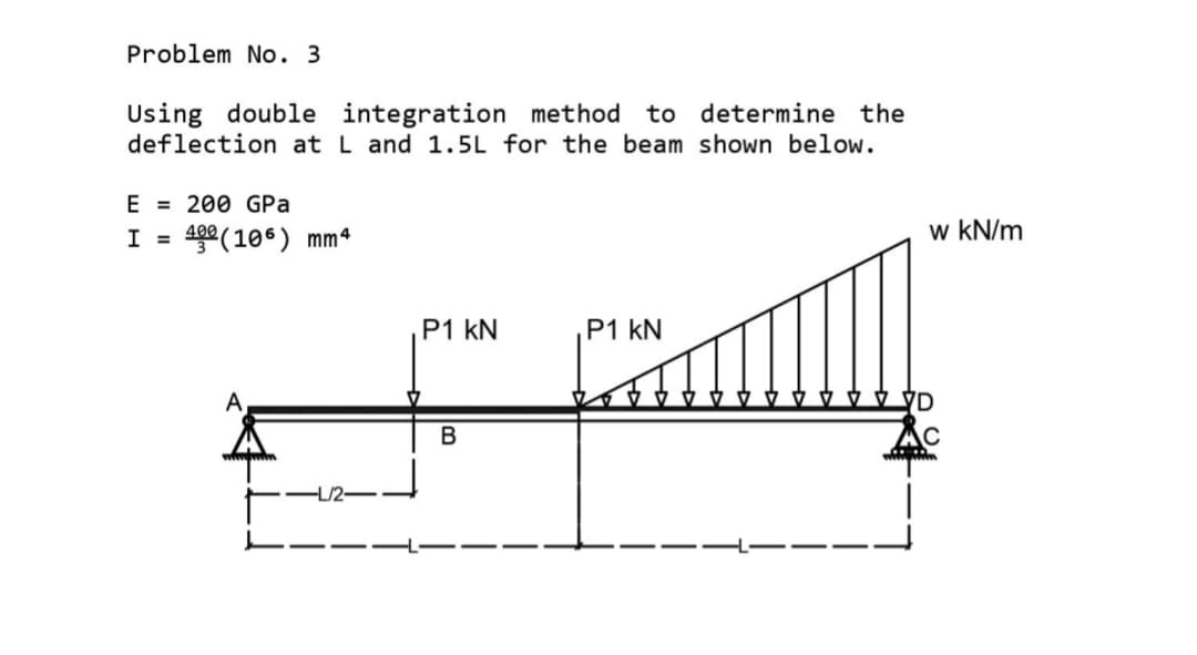 Problem No. 3
Using double integration method to determine the
deflection at L and 1.5L for the beam shown below.
E = 200 GPa
49° (106) mm4
w kN/m
I =
P1 kN
P1 kN
A
