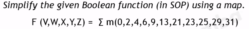 Simplify the given Boolean function (in SOP) using a map.
F (V,W,X,Y,Z) = E m(0,2,4,6,9,13,21,23,25,29,31)
%3D
