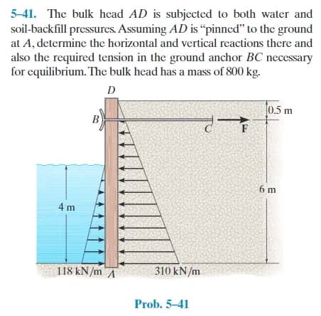 5-41. The bulk head AD is subjected to both water and
soil-backfill pressures. Assuming AD is "pinned" to the ground
at A, determine the horizontal and vertical reactions there and
also the required tension in the ground anchor BC necessary
for equilibrium. The bulk head has a mass of 800 kg.
D
4 m
B
118 kN/m A
310 kN/m
Prob. 5-41
C
F
LaL
0.5 m
6 m