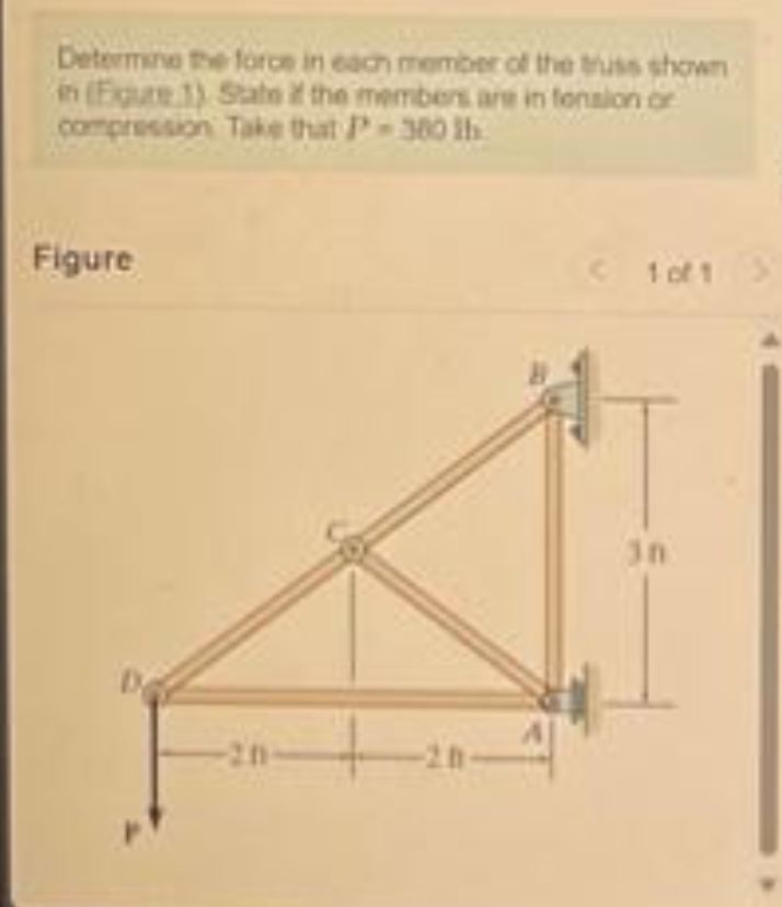 Determine the force in each member of the truss shown
in (Figure 1) State it the members are in fonsion or
compression Take that P-380 h
Figure
© 1of1 >
30