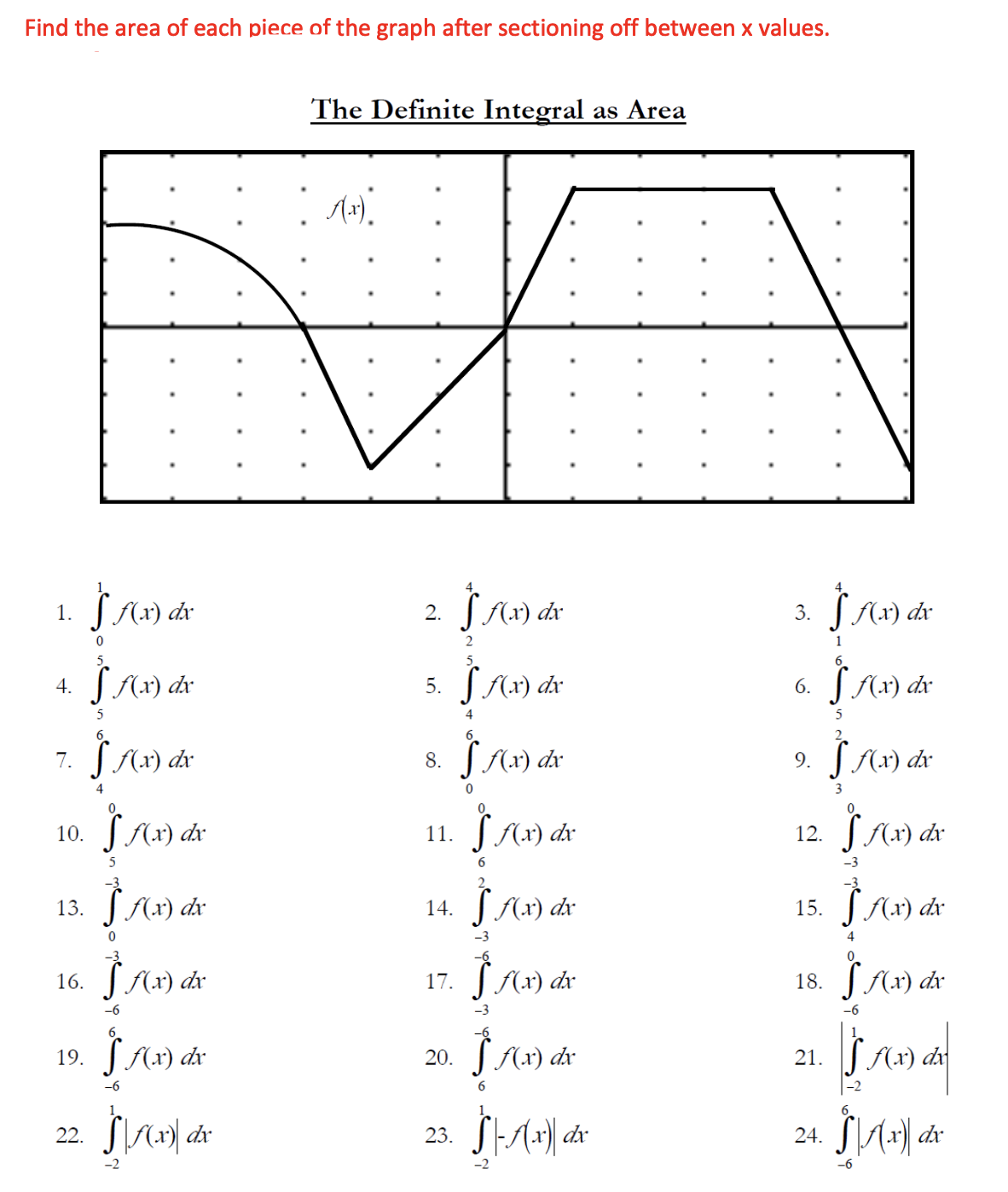 The Definite Integral as Area
(x) dr
2. J Ax) dr
3. J Ax) dx
1.
S M:x) dr
5. JAx) dx
S Mx) dr
4.
6.
8.
9. I fla) dr
