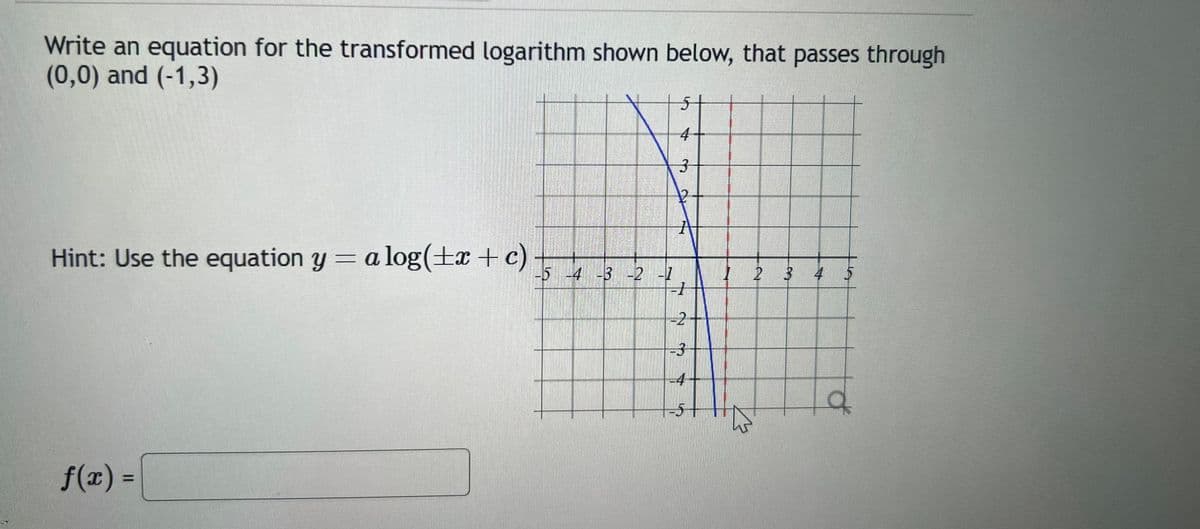 Write an equation for the transformed logarithm shown below, that passes through
(0,0) and (-1,3)
Hint: Use the equation y = a log(±x+c)
f(x) =
5 -4 -3 -2 -1
4
3
2
A
-2
-3
-4
1
2 3 4 5