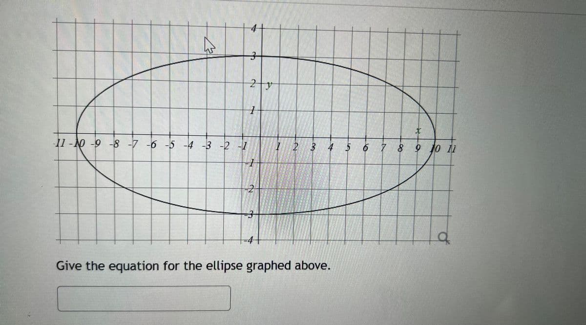 4
11-10 -9 -8 -7 -6 -5 -4 -3 -2
2 y
1
=3
-4+
2 3 4 5 6 7 8 9 10 11
1 2
Give the equation for the ellipse graphed above.
q