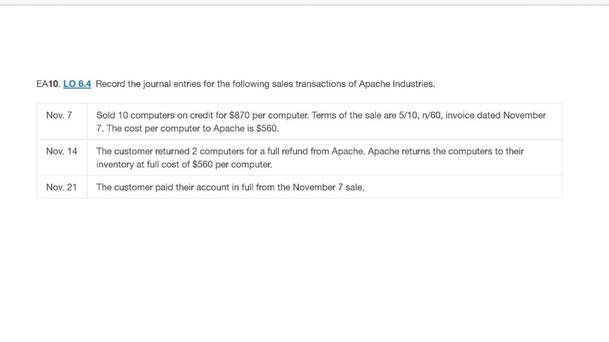 EA10. LO 6.4 Record the journal entries for the following sales transactions of Apache Industries.
Nov. 7
Nov. 14
Nov. 21
Sold 10 computers on credit for $870 per computer. Terms of the sale are 5/10, n/60, invoice dated November
7. The cost per computer to Apache is $560.
The customer returned 2 computers for a full refund from Apache. Apache returns the computers to their
inventory at full cost of $560 per computer.
The customer paid their account in full from the November 7 sale.