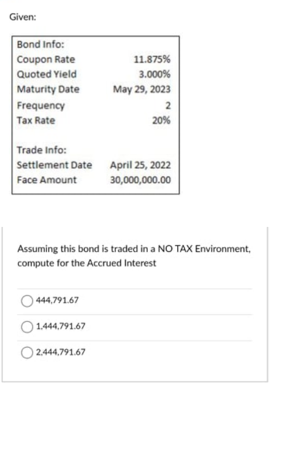 Given:
Bond Info:
Coupon Rate
11.875%
Quoted Yield
3.000%
Maturity Date
May 29, 2023
Frequency
Tax Rate
20%
Trade Info:
Settlement Date
April 25, 2022
Face Amount
30,000,000.00
Assuming this bond is traded in a NO TAX Environment,
compute for the Accrued Interest
444,791.67
1.444,791.67
2.444,791.67
