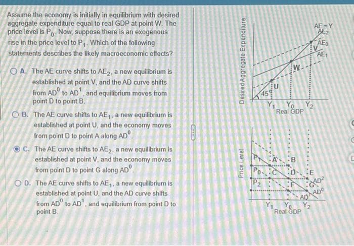 Assume the economy is initially in equilibrium with desired
aggregate expenditure equal to real GDP at point W. The
price level is Po Now, suppose there is an exogenous
rise in the price level to P₁. Which of the following
statements describes the likely macroeconomic effects?
OA. The AE curve shifts to AE2, a new equilibrium is
established at point V, and the AD curve shifts
from AD to AD, and equilibrium moves from
point D to point B.
OB. The AE curve shifts to AE₁, a new equilibrium is
established at point U, and the economy moves
from point D to point A along AD
C. The AE curve shifts to AE2, a new equilibrium is
established at point V, and the economy moves
from point D to point G along AD
OD. The AE curve shifts to AE₁, a new equilibrium is
established at point U, and the AD curve shifts
from AD to AD¹, and equilibrium from point D to
point B.
CITO
Desired Aggregate Expenditure
Price Level
459
W.
Yo
Real GDP
A
PoC
P2F
AE=Y
AE₂
B
DE
Y₁ Yo Y₂
Real GDP
AEO
AE₁
AD ADO