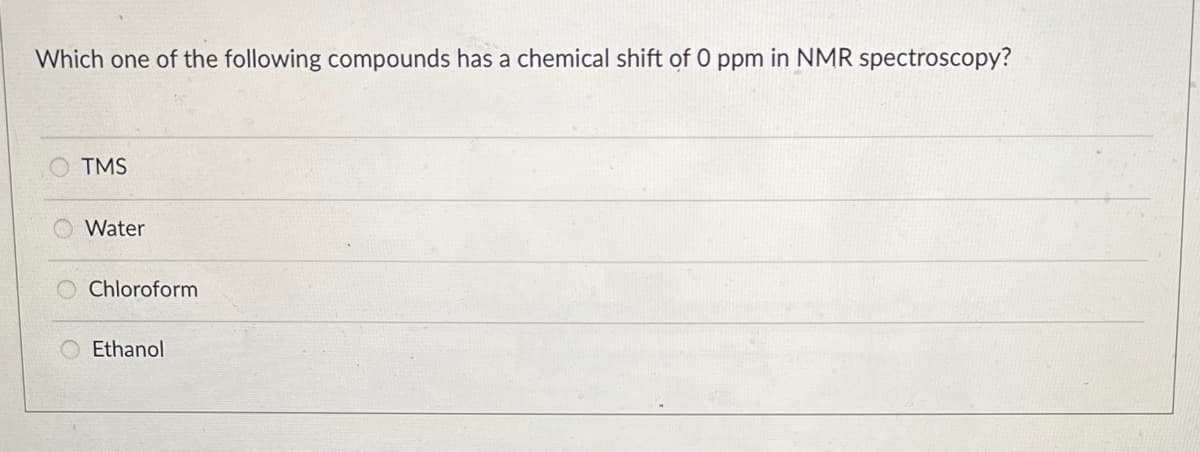 Which one of the following compounds has a chemical shift of 0 ppm in NMR spectroscopy?
TMS
Water
Chloroform
Ethanol